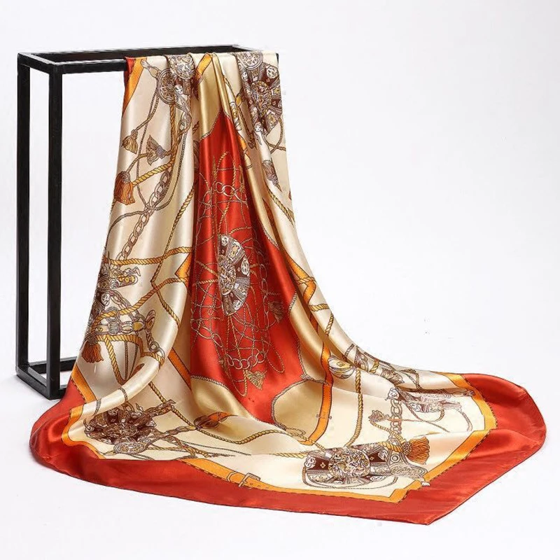 90*90cm Women Square Silk Scarf Luxury Brand Large Shawl Neckerchief Print Headband Female Foulard Bandana Wraps Hijab Scarves image 4