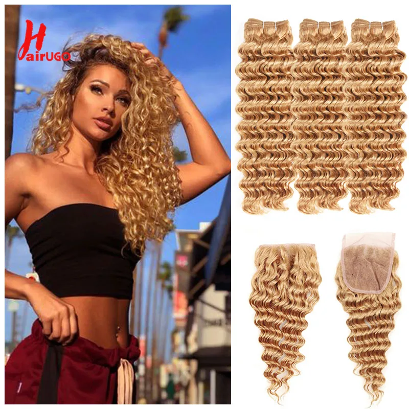 HairUGo #27 2/3 Bundles With Closure Honey Blonde Bundles With Closure Brazilian Hair Remy Kinky Curly Human Hair Weave Bundles