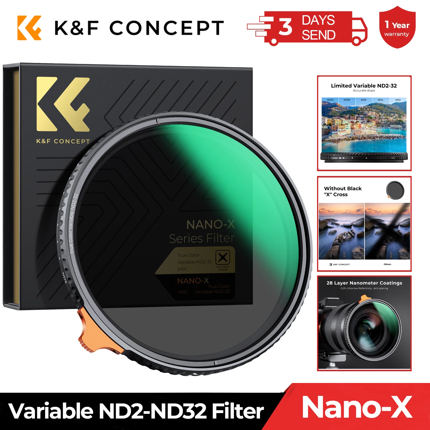 K&F Concept 49-82mm Variable ND Filter True Color 28 Layers Nano-X ND2-ND32 Filter for Camera 49mm 52mm 58mm 62mm 67mm 77mm 82mm