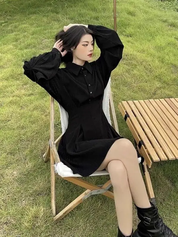 

plus Size 300 Pounds Women's Collar Lantern Sleeve Dress Casual Loose Fit Polyester Fiber Autumn Winter Fashion Black Dress