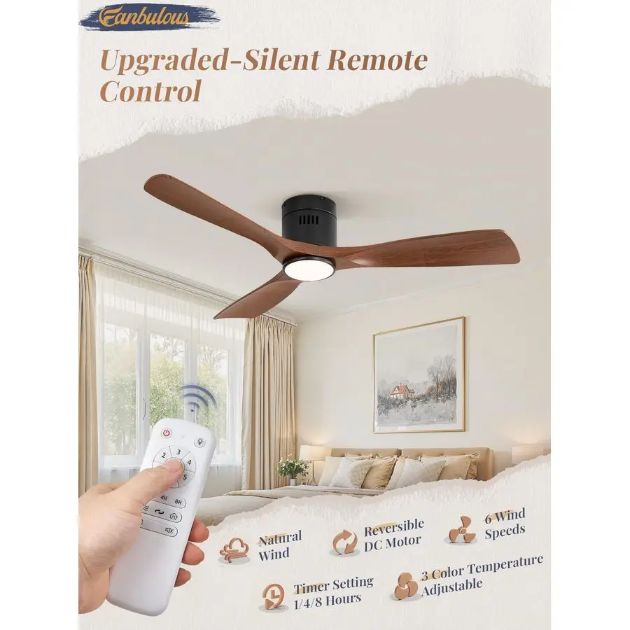 52 مراوح سقف مع أضواء وجهاز تحكم عن بعد، مروحة سقف حديثة مثبتة على السطح مع 3 CCT، مراوح سقف منخفضة المستوى مع 6 سرعات R