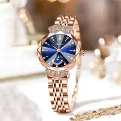 Reloj de lujo para mujer, reloj de cuarzo con diamantes, resistente al agua, fase de la Luna, acero inoxidable, oro rosa