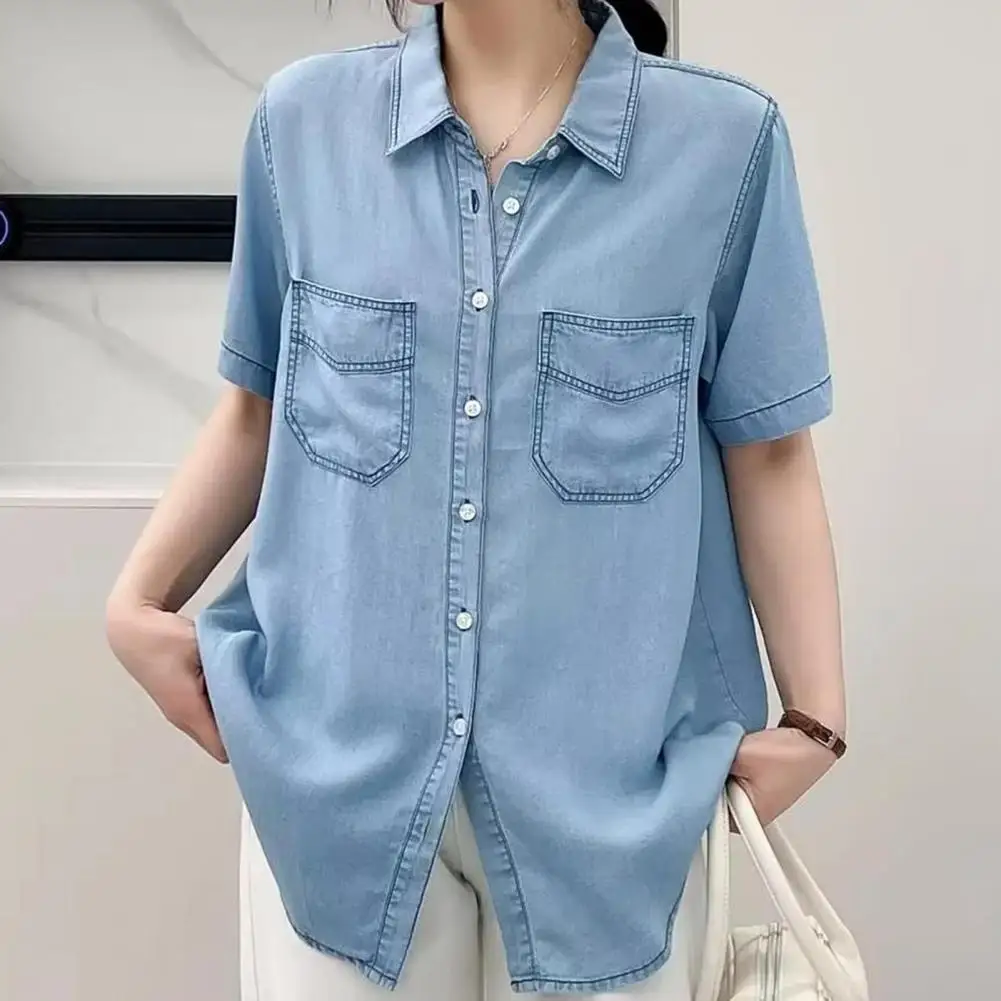 Loose Fit Denim Shirt Stylish Women's Denim Shirt Lapel Short Sleeve Multiple Pockets Retro Single Breasted Design for Women