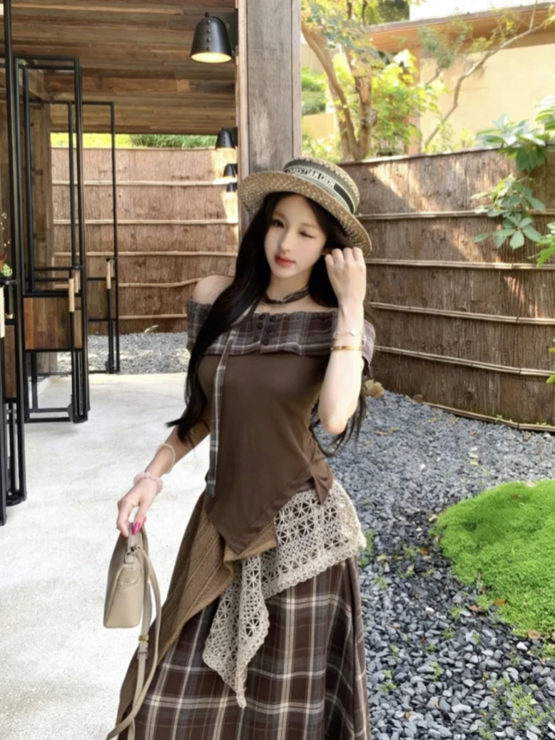 

Kumikumi Women's Fashion Set Irregular One Shoulder Short Sleeve T-Shirt Spring Versatile Skirt Two-Piece Ensemble