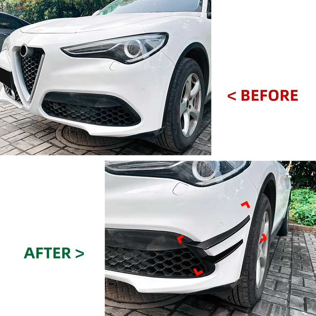 Gloss Black/Carbon Fiber Look For Alfa Romeo Stelvio 2017+ Car Front Bumper Side Wind Knife Front Blade Style Spoiler Diffuser