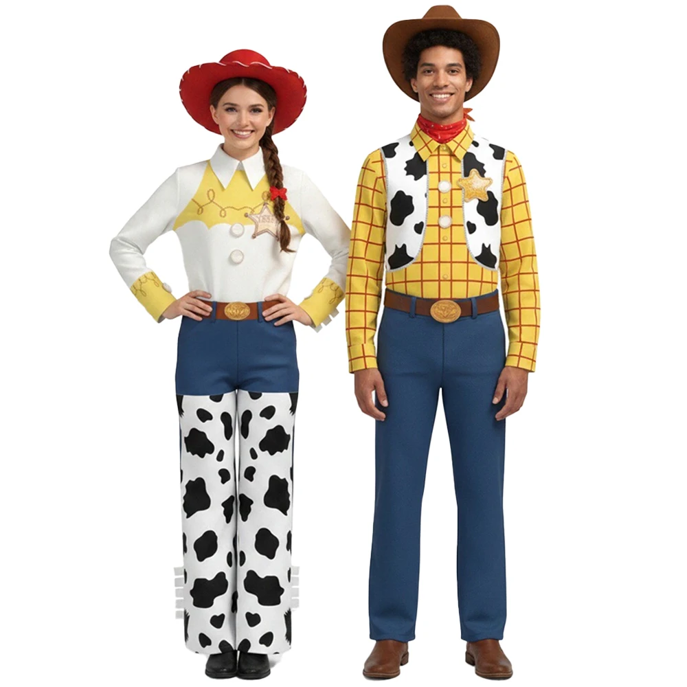 

Western Cowboy Costume Set Plaid Cow Print Shirt Pants Hat Halloween Carnival Party Fancy Dress Up Cowgirl Outfit for Adult