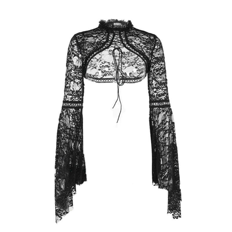 Aesthetic Gothic Crop Top Lace Up Shrug for Women Flared Long Sleeve See Through Flower Lace Ruffled Cover Up Cardigans