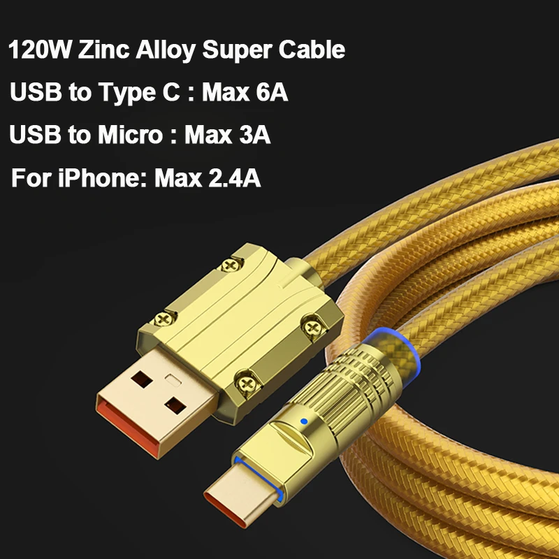 아연 합금 USB 초고속 충전 데이터 케이블, 샤오미 화웨이 삼성용 C 타입 6A 마이크로 3A 충전 게임 코드, 아이폰 2.4A, 120W