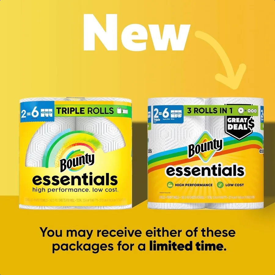 Bounty entials SelectASize Paper Towels White 2 Triple Rolls = 6 Regular Rolls Packaging May Vary