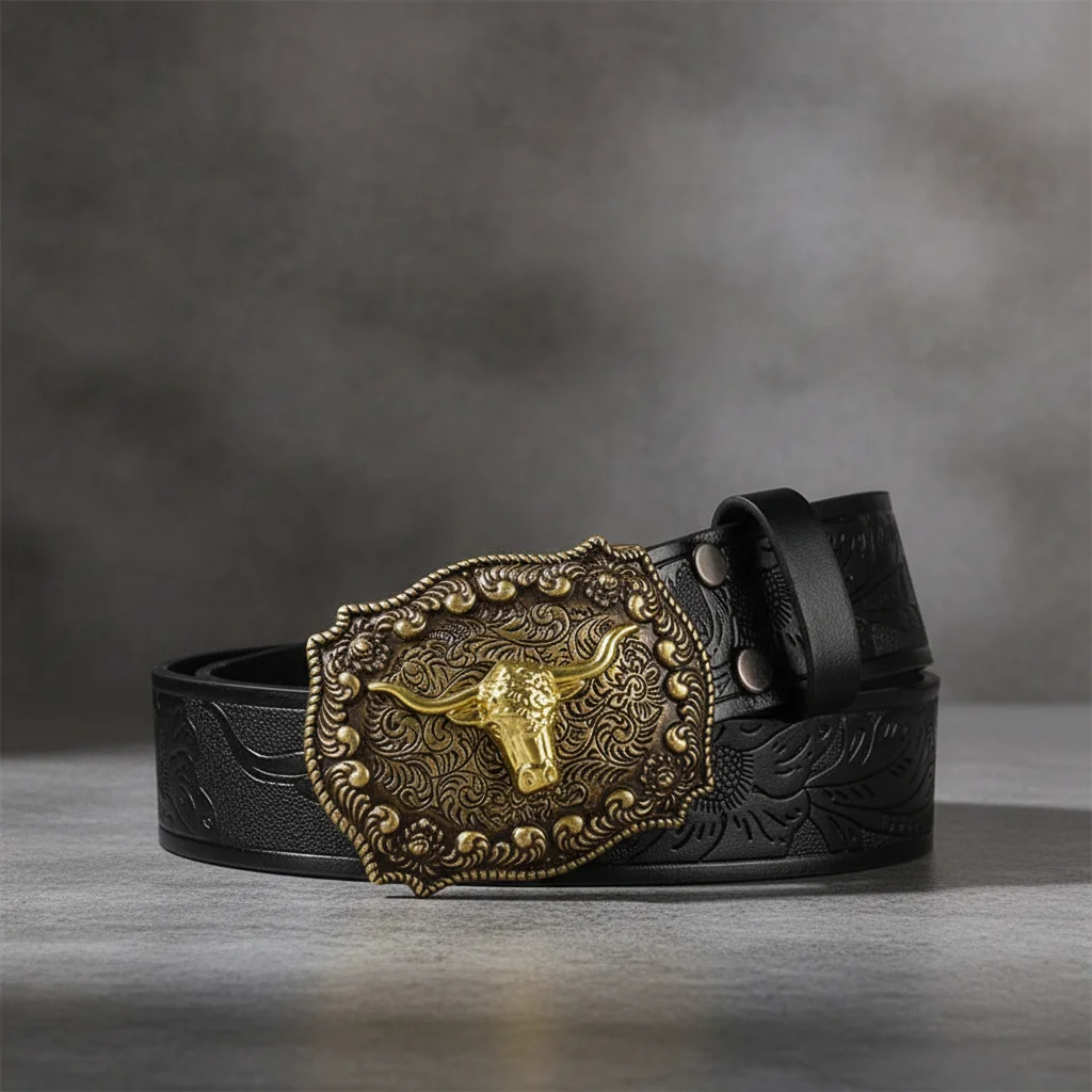 

Men's Leather Belt Western Cowboy Style Large Buckle Design Trendy Youth Choice