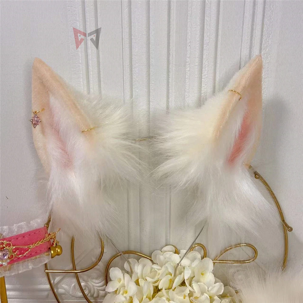 New Hand Made LOL Ahri The Nine-Tailed Fox Ears Hairhoop Tail Necklace Earrings Hairbands Headwear Cosplay Costume Accessories