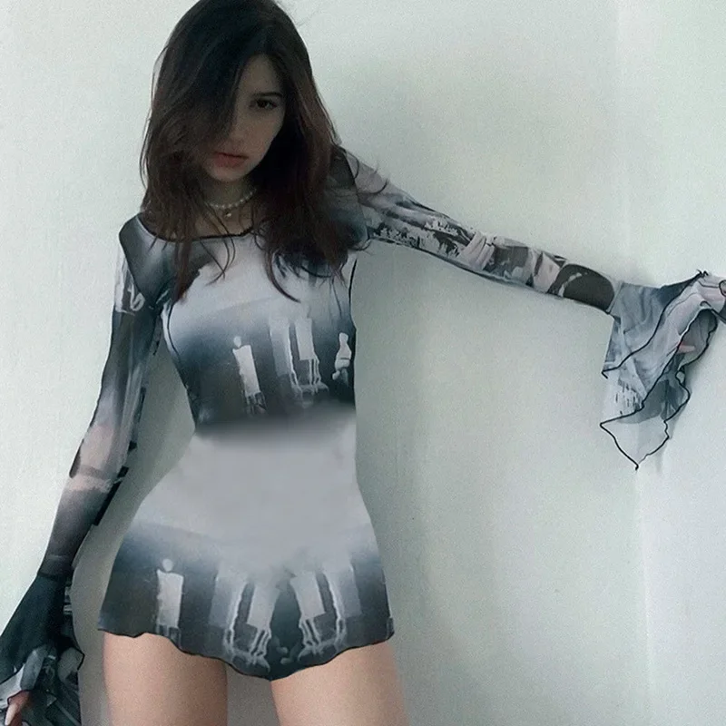 New fashion design gauze printing horn long sleeve short round neck pullover dress woman