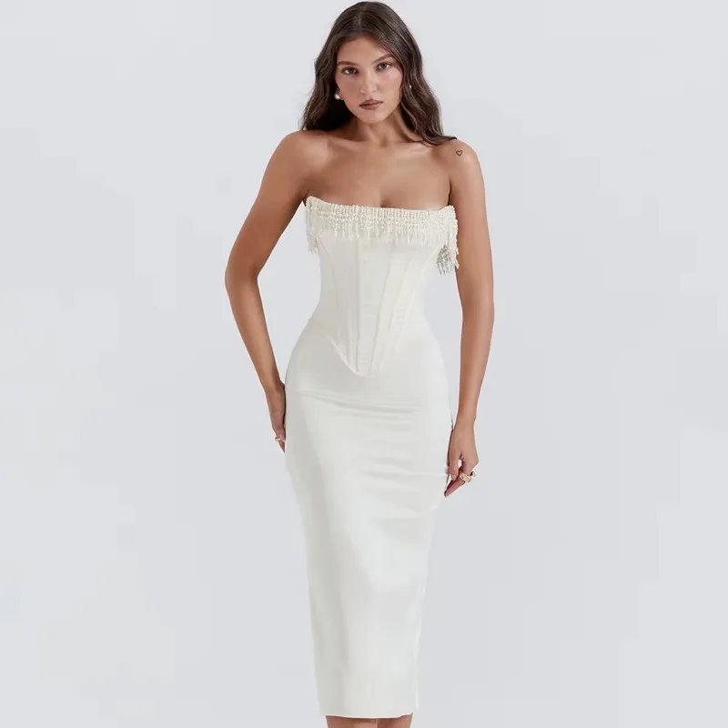 Vestido ajustado blanco sin tirantes de espina de pescado para mujer, vestido elegante con abertura en la espalda, Midi de vestidos fiesta de noche,