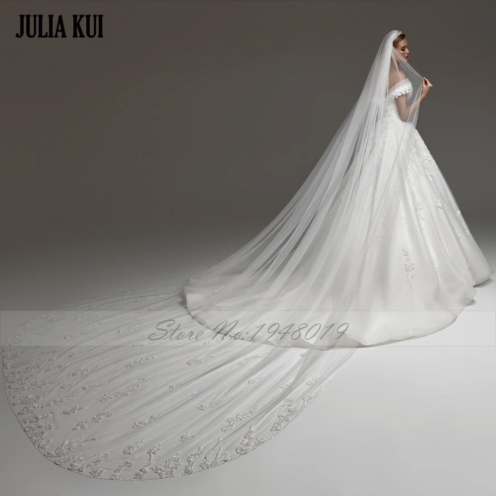 Julia kui feito sob encomenda do vintage fora do ombro mangas vestido de baile vestido de casamento com miçangas bordado renda tribunal trem vestido de noiva