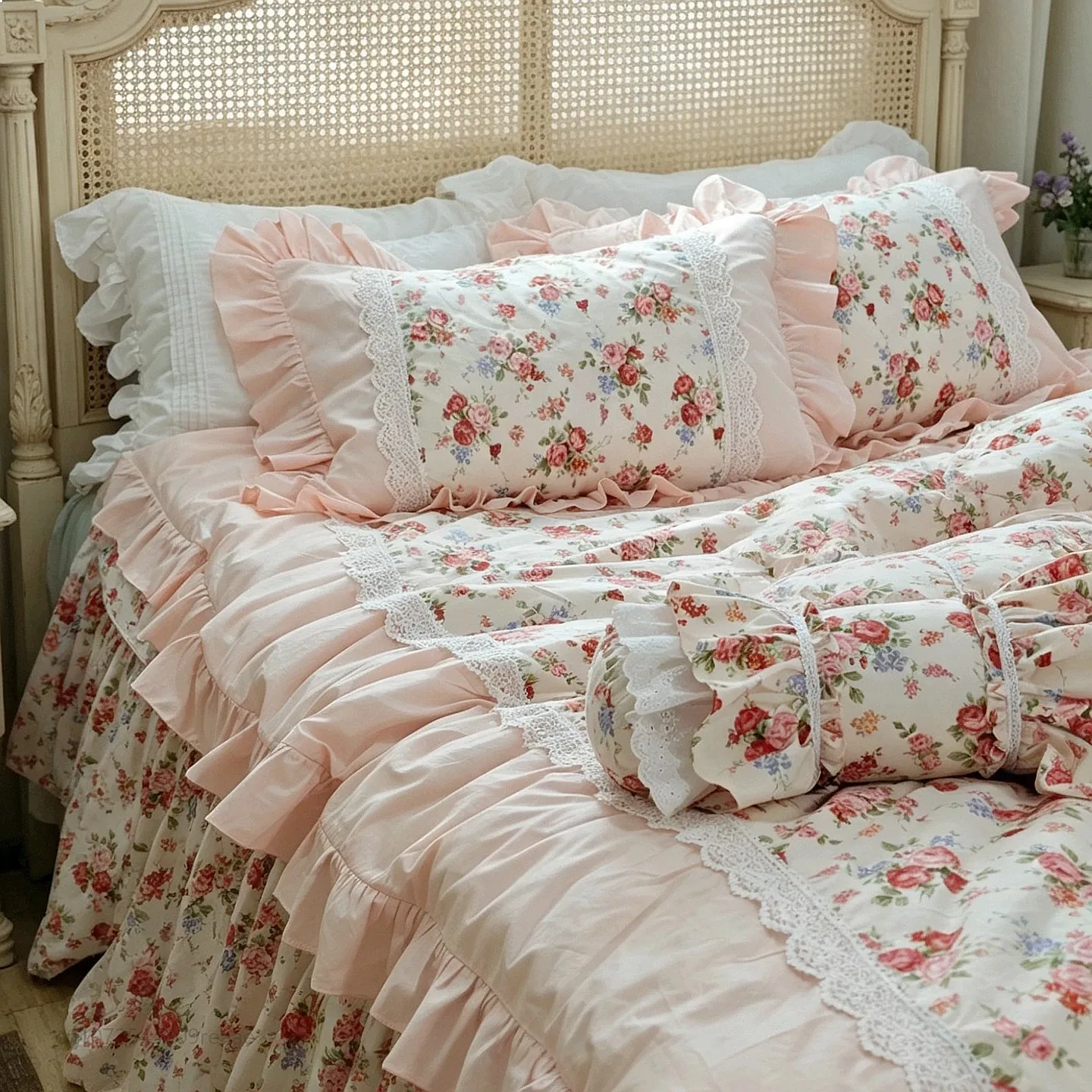 Rose Garden French Korean Princess Vintage Cotton Bed Skirt 4pcs Bedding Set