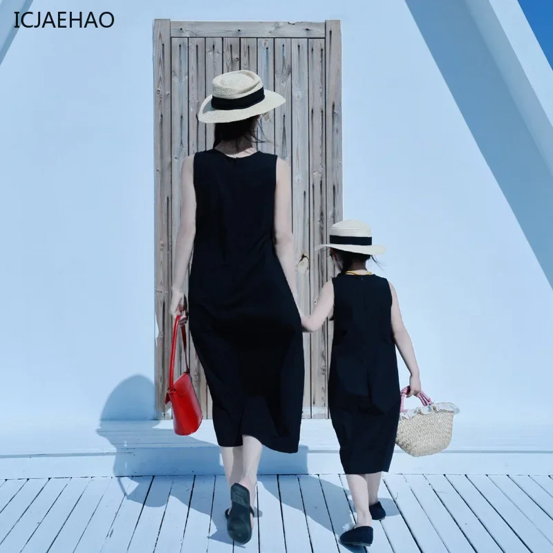 2025 일치하는 어머니 딸 옷 순수 코튼 민소매 a 라인 드레스 여름 휴가 착용 캐주얼 우아한 새로운 해변