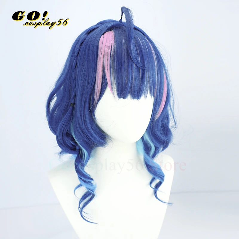Perruque de Cosplay Vtuber Amamiya Warrioro, Cheveux Courts Bouclés, Dégradé Bleu, Reflets Roses