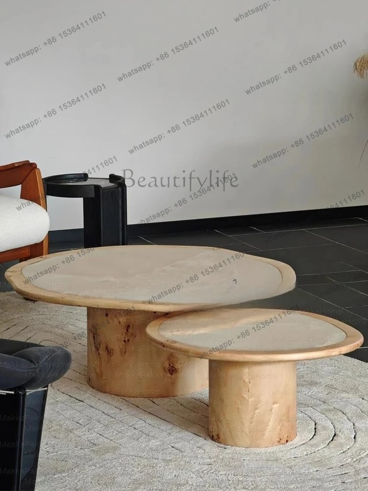 

French medieval style tree tumor solid wood coffee table side combination household light luxury high-end marble coffee table