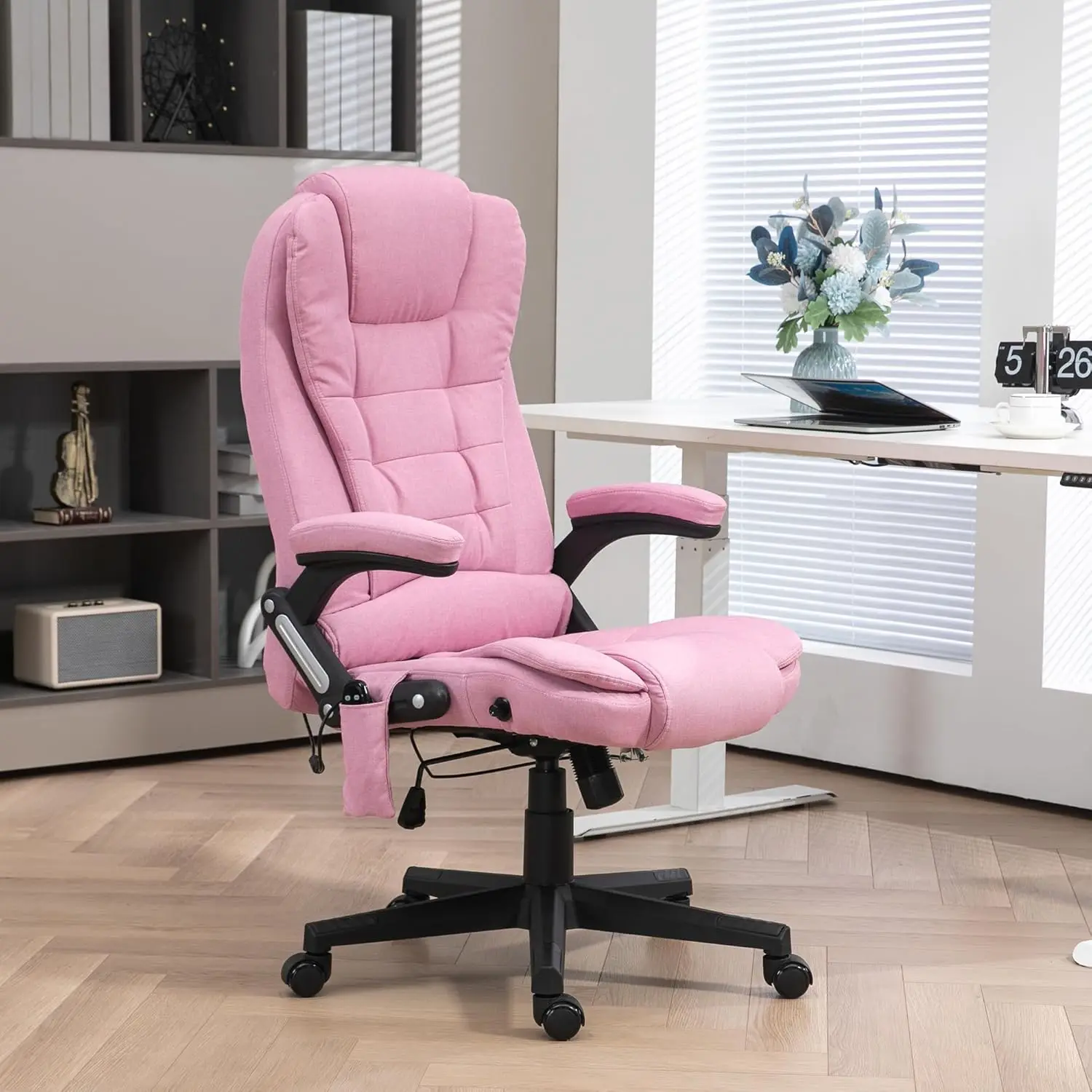 6-Point Vibrating Massage Office Chair with Heat, Reclining High Back Executive Chair, Padded Armrests & Remote, Pink