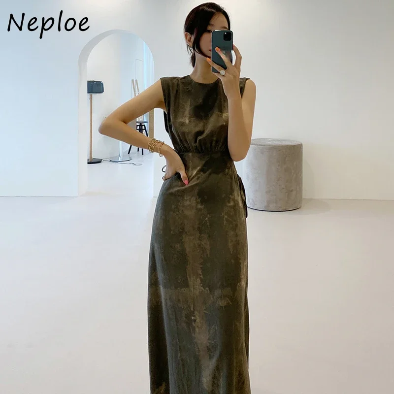 Neploe O Neck bez ramiączek sukienka bez ramiączek kobiety nadruk w stylu Vintage czeski wakacje Vestidos wysokiej talii Hip linia długa suknia