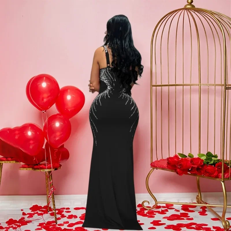 KEXU Diamonds Hot Rhinestones Sexy V-neck Women Strap Sleeveless Bodycon Long Dress Birthday Party Evening Prom Maxi Dresses