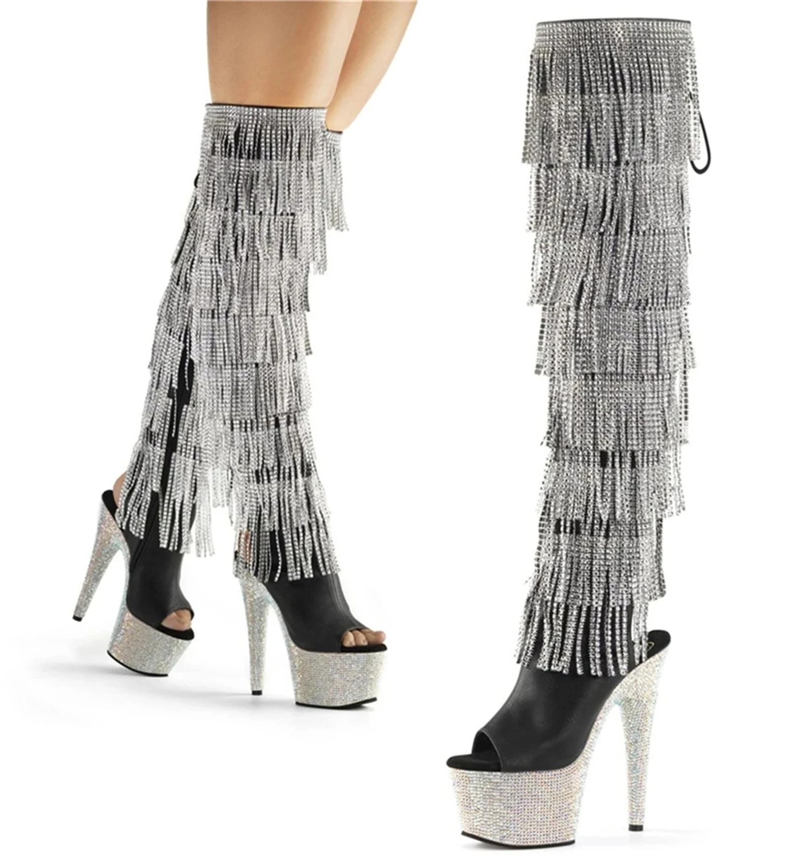 

17CM Glitter Stage Boots | Level Rhinestone Over Knee Heels with Swing Fringe | Anti-Slip Reinforced Platform for Perf