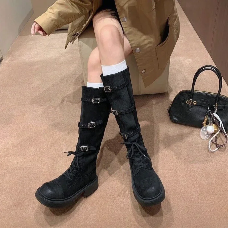 2026 AW Women's Vintage British Style Belt Buckle Knight Tall Boots Fashion Versatile Long Shoes New