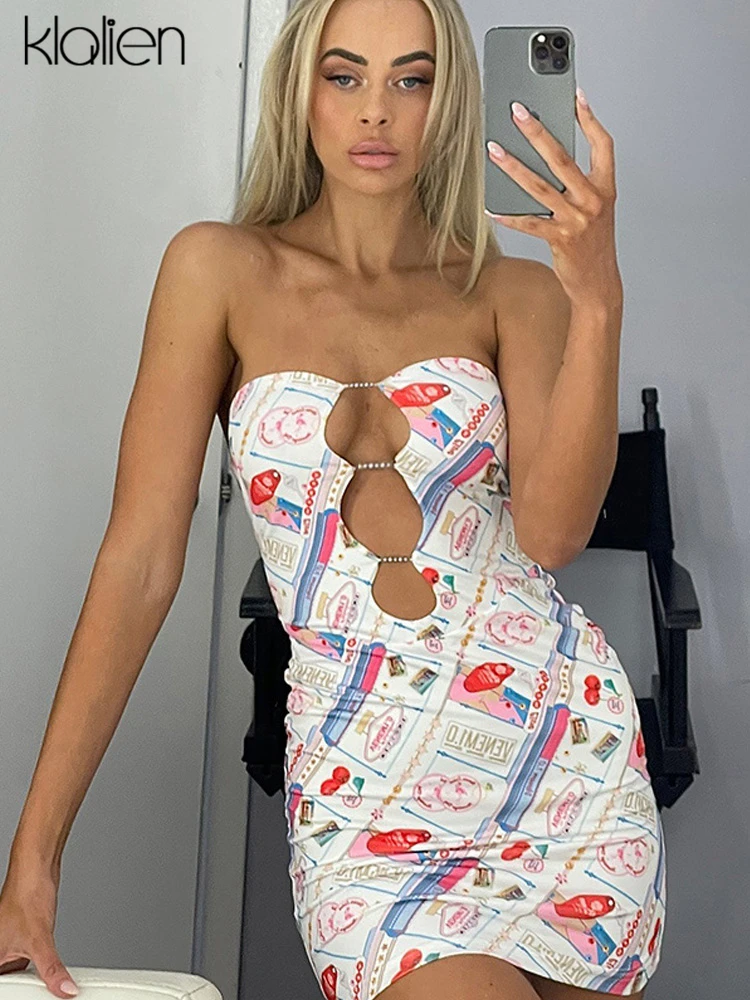 KLALIEN Fashion Sexy Print Hollow Out Strapless Mini Bodycon Dresses Women Summer New Elegant Office Lady Party Club Night Dress