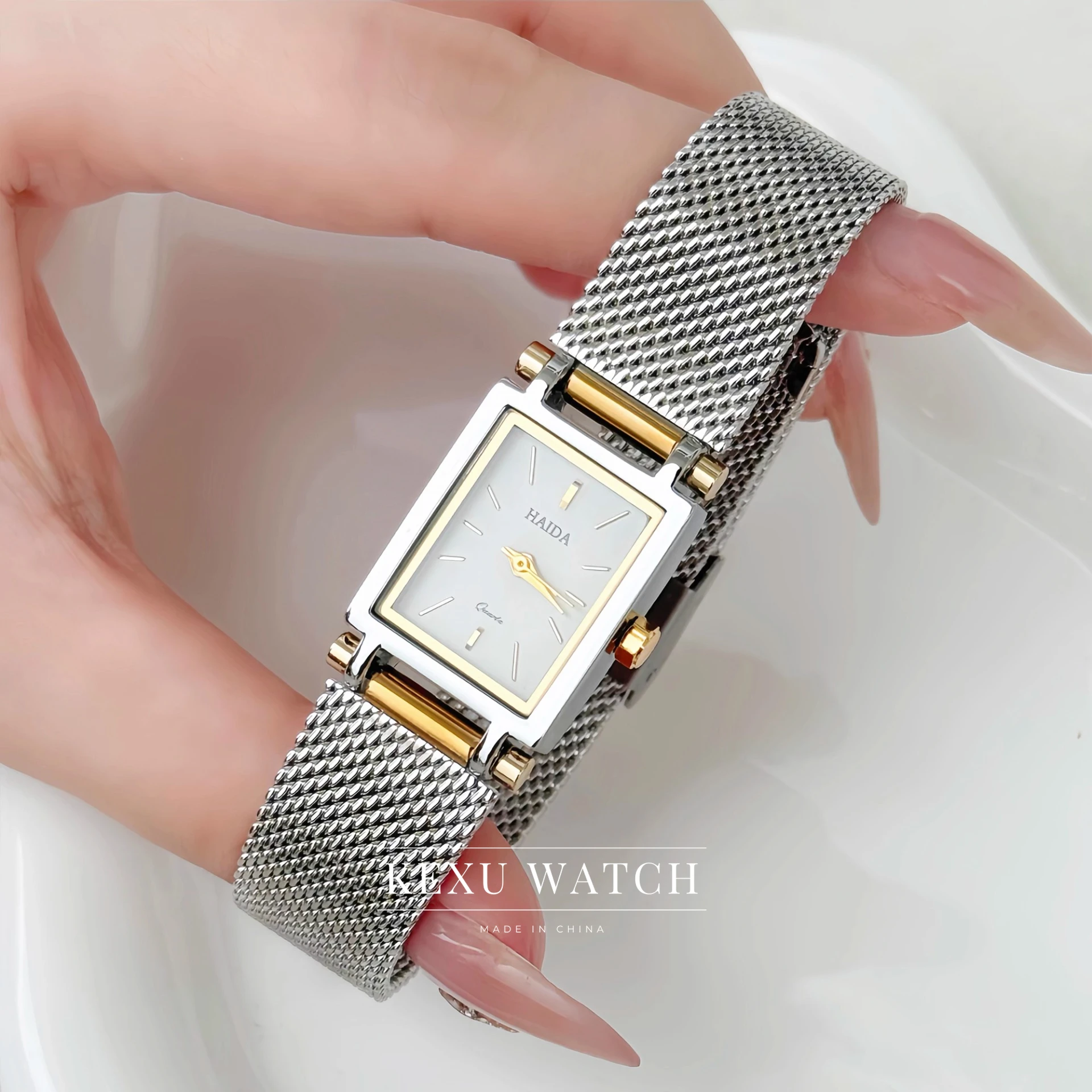 Женские часы Haida, двухцветные элегантные женские часы, женские часы с квадратным циферблатом и сетчатым ремешком, элегантные женские часы оптом