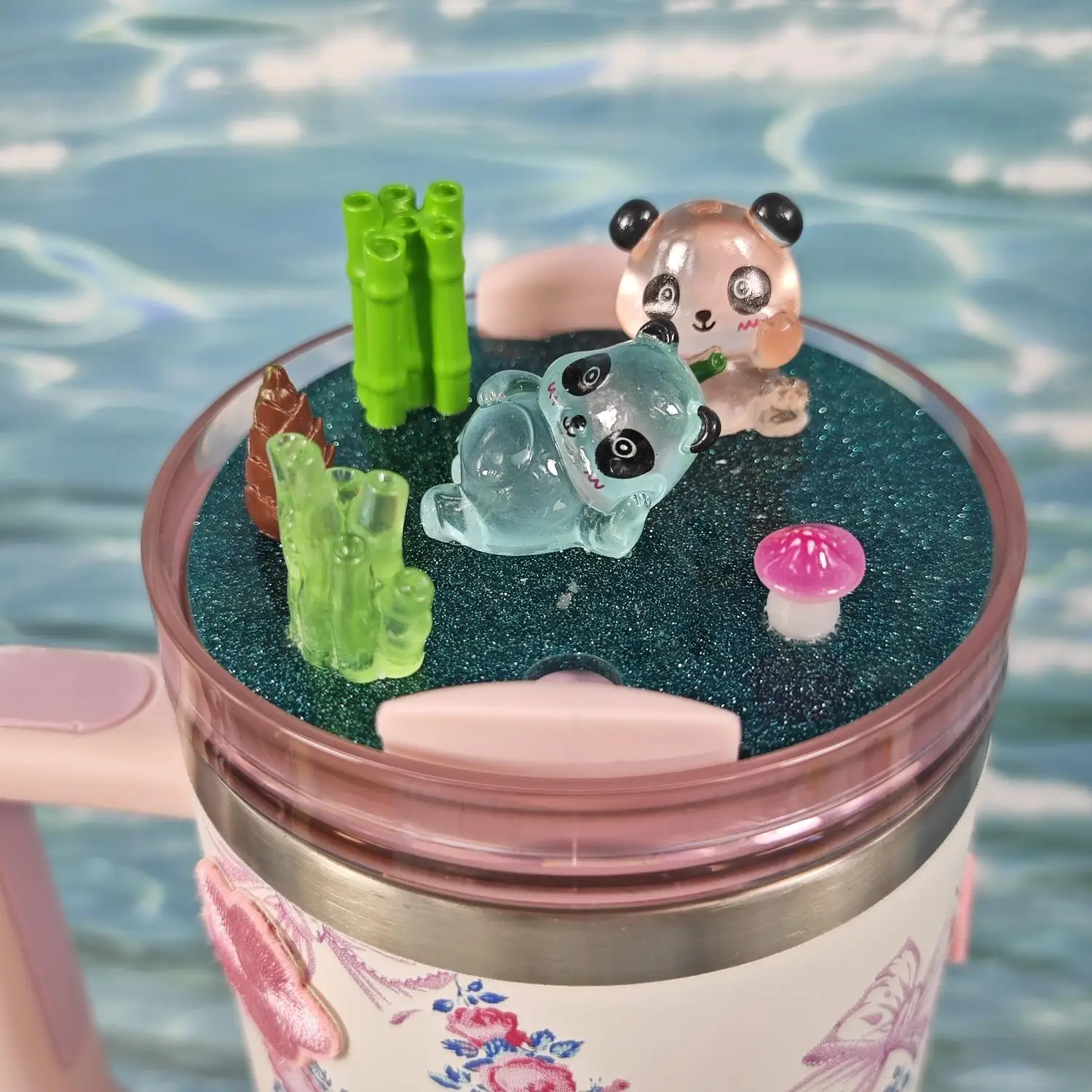 Luminous Panda Acrylic Nameplate 40oz Tumbler Lid Miniature Landscape DIY Straw Topper Dust Cap for Personalized Water Bottles