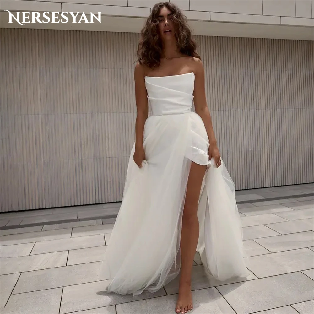 Nersesyan Bohemia Solid abiti da sposa a-line spacco laterale alto con spalle scoperte abiti da sposa pieghe senza schienale abito da sposa principessa