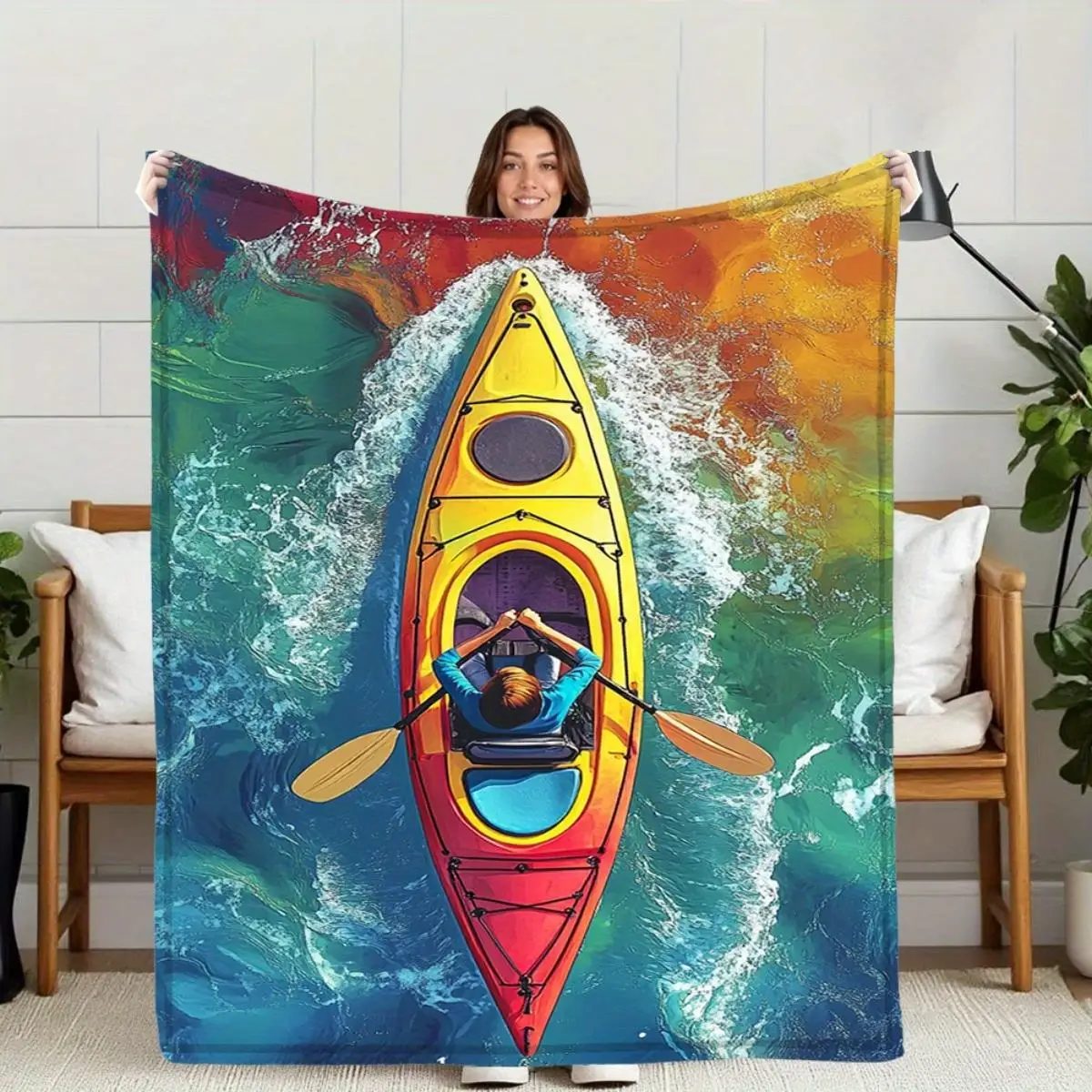 Ocean Canoe Exploration Pattern Flannel printed blanket suitable for all seasons suitable for living room office sofa and travel