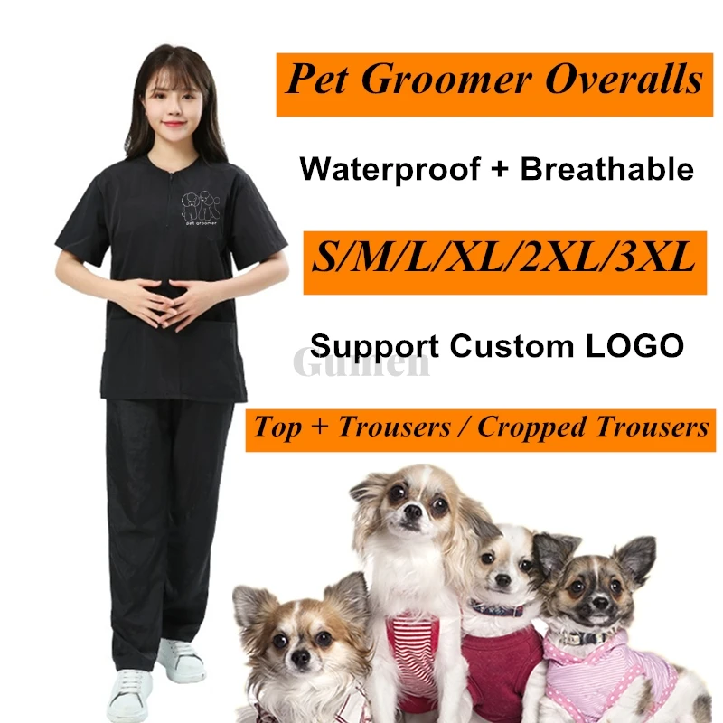 S-3XL Pet Beautician Groomer Work Clothes Suit Poodle Top With Pants Dog Cat Bath Waterproof Breathable Anti Static Custom LOGO