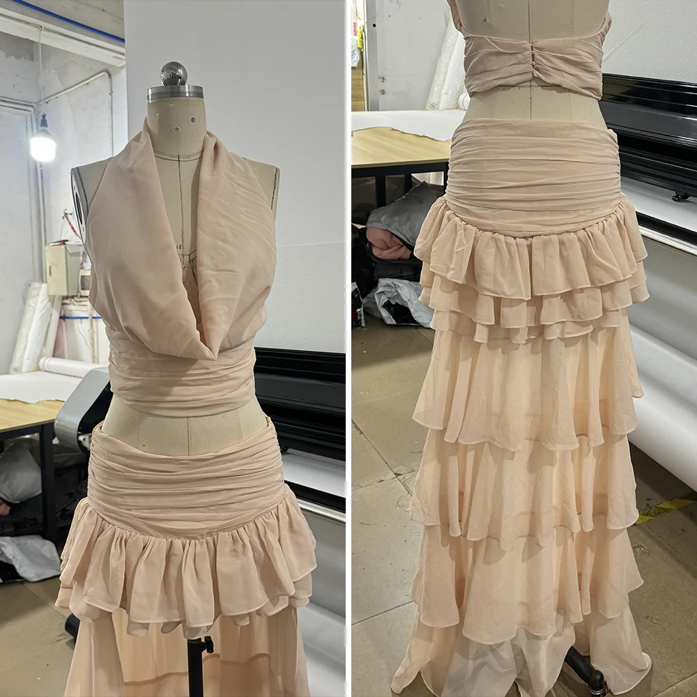 Dames 2-delige roksets Drape nek Halter Backless Crop Tank Top Flowy Ruffle Layer Maxi Rokken Vakantie Uitgaan Outfits