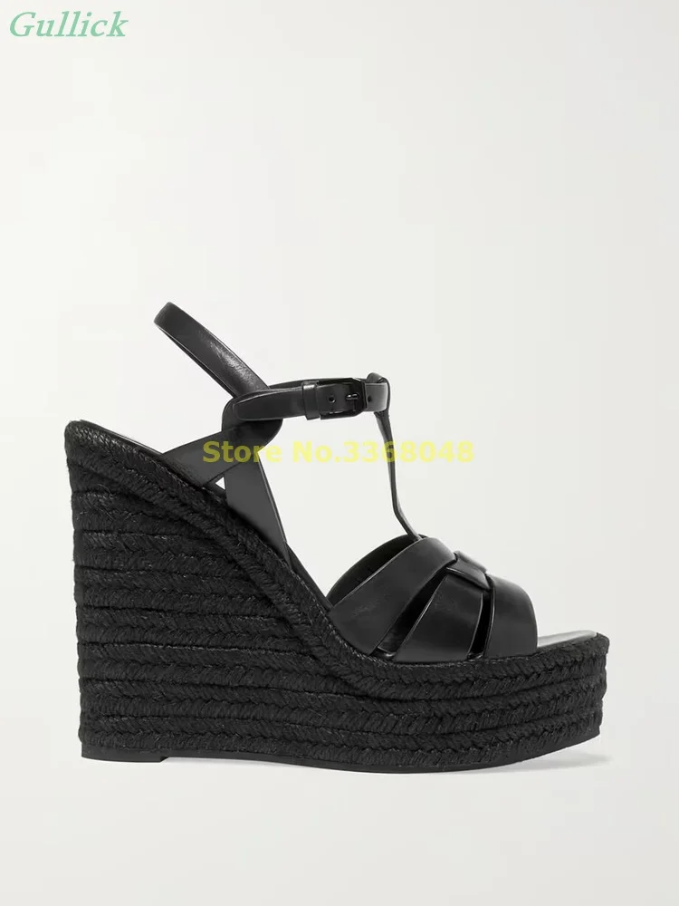 Woven Leather Espadrille Wedge Sandals Platform Open Toe Strappy Fashion Women Shoes Black Brown Summer Sandals