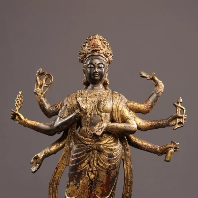 Antique Eight-Arm Avalokitesvara Statue Lotus Pedestal Buddhist Collectible Figurine Meditation Home Temple Worship Decor Gift