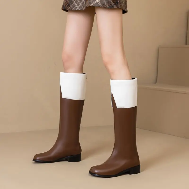 ORCHALISA Retro Female Knee High Boots Round Toe Block Heels Zipper Mixed Color Plus Size 46 47 48 Leisure Soft Riding Booties