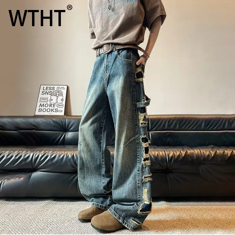 

WTHT Fashion Men's Gradient Hole Ribbon Patchwork Denim Pants Vintage Loose High-waisted Straight Jeans Male 2025 Summer 2A0472