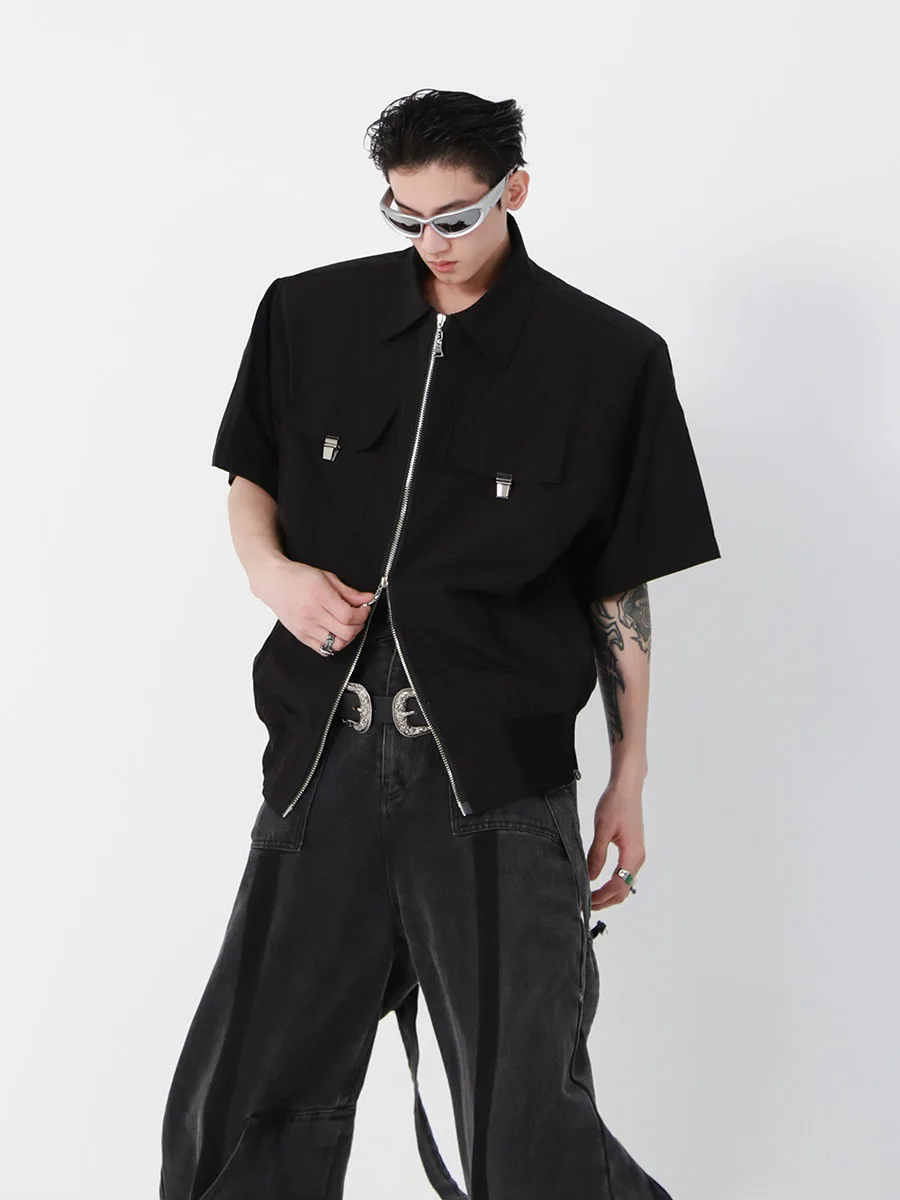 Metallic Loose Shoulder Padded Short Sleeve Jacket Simple Summer Youth Trend Polyester Cotton Blend Outerwear for Men And Women