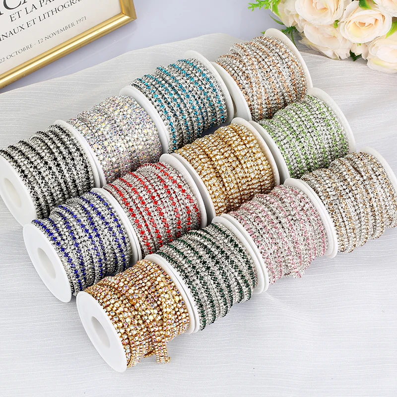 RESEN 1Yard 3rows Crystal AB Glass Rhinestone Cup Chain Brass Sliver Claw Base Crystal Rhinestone Trim Applique Sew On Garment