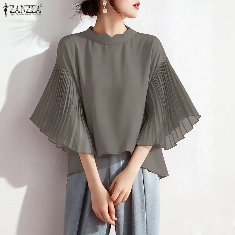 

ZANZEA Elegant Women's High-Low Blouses Scalloped Mock Neck Pleated Flare Sleeves Solid Color Tops 2026 Summer Woman Clothes 3XL