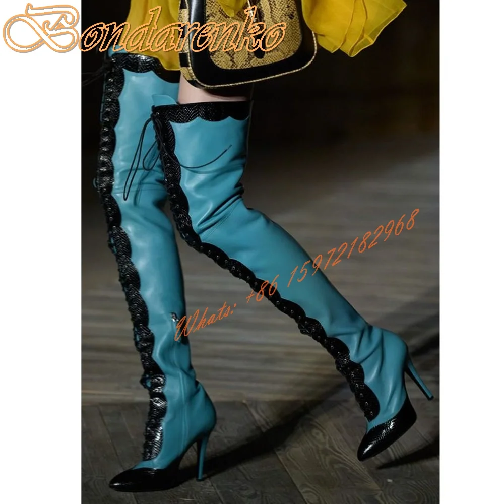 Mixed Colors Lace Up Long Boots Pointy Toe Patchwork Stiletto Heels Women Sexy Shoes Over The Knee Leather Winter Designer Shoes