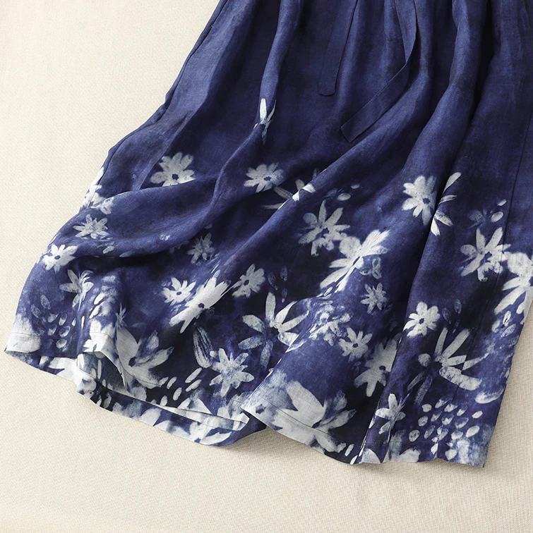 Katoen Linnen Gedrukt Korte mouwen Casual jurk vrouwen 2025, Zomer Nieuwe Koreaanse Stijl Lace-up Elegante Chic kleding N717