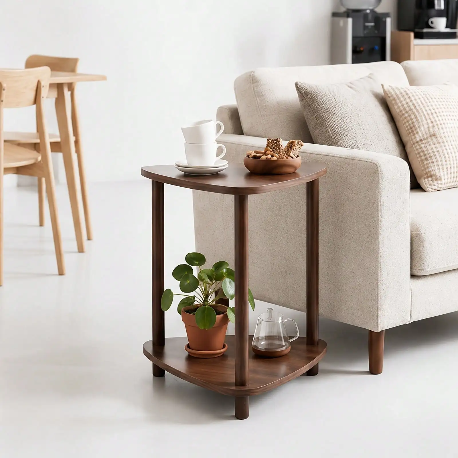 Triangular Side Table Coffee Table With Double‑Tier Storage Shelf, Sturdy Solid Wood Legs, Elevated Base For Easy Cleaning