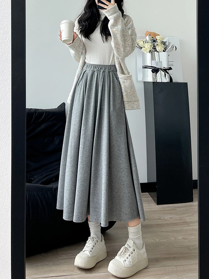 Gray Sports Skirt for Women 2024 Spring High Waist Slim A-line School Skirts Korean Women's Summer Skirt Elegant Long Bottoms