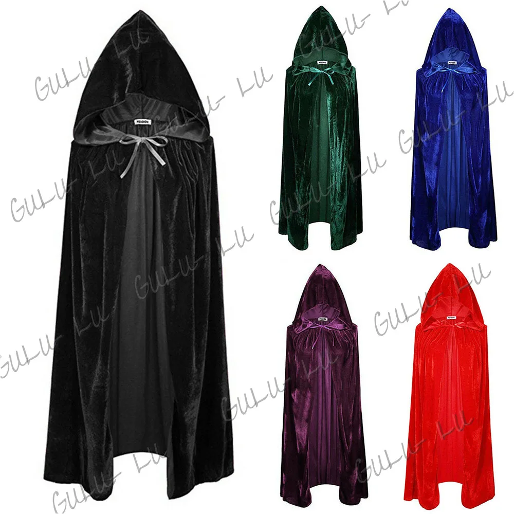 Gothic Hooded Velvet Cloak Adult Elf Witch Long Purim Carnival Halloween Cloaks Capes Robe Larp Women Vampires Grim Reaper Party