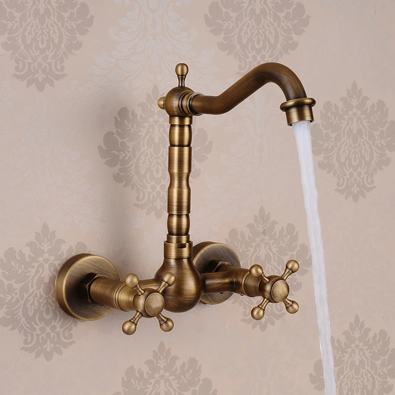 Wall Mounted Two Handles Antique Brass Finish Kitchen Sink Bathroom basin Faucet mixer tap  GZ8118