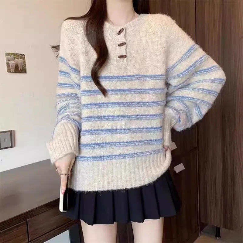 Loose Round Neck Knitted Sweater Women's Autumn Winter Lazy Style Soft Cozy Pullover Coat Knitting Yarn Striped Button Detail