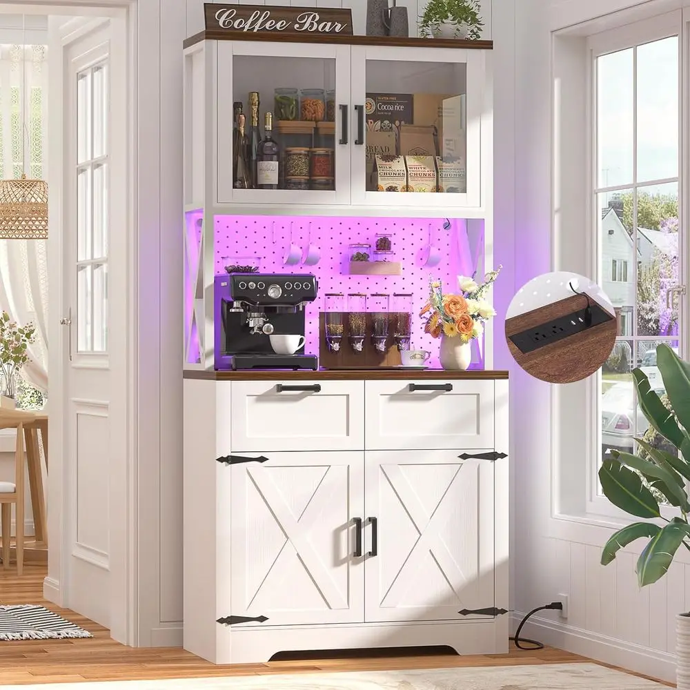 71-inch Tall Kitchen Pantry Cabinet with LED Lighting, Outlet, and Adjustable Shelves for Storage and Microwave Stand