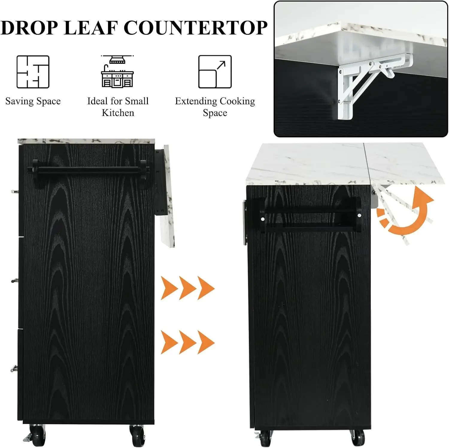 WINNER Rolling Kitchen Island with Storage and Drop Leaf, White Marble Tabletop, 43" Kitchen Carts on Wheels with Towel R